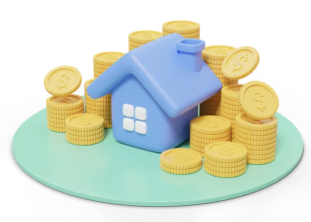 3 D Gold Coins Falling Into Stack And House On Transparent Blue Home Model Icon On Green Pedestal Financial Investment Growth Concept Mockup Cartoon Icon Minimal Style 3 D Render Illustration 3D Illustration
