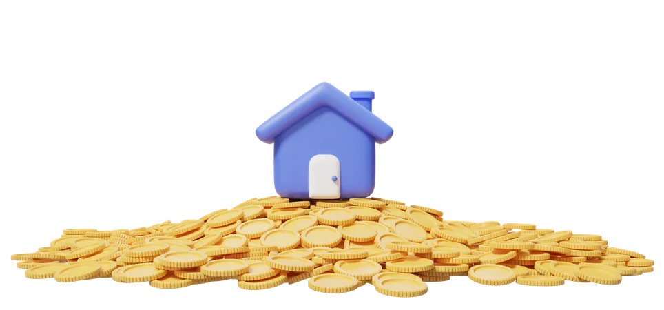 3 D Blue House On A Pile Of Coins Home Model With Door Icon On Transparent Financial Investment Growth Concept Mockup Cartoon Icon Minimal Style 3 D Render Illustration 3D Illustration