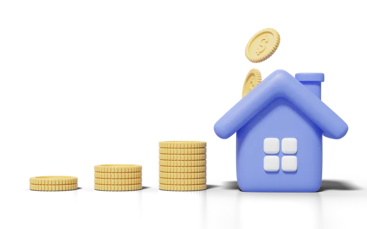 3 D Gold Coins Stack And Falling Into Blue House On Transparent Home Model With Windows Door Icon Financial Investment Growth Concept Mockup Cartoon Icon Minimal Style 3 D Render Illustration 3D Illustration