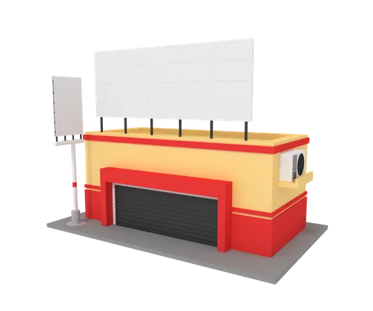 Building shop with billdboard Ads  3D Illustration