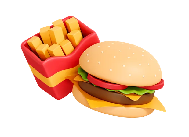 3 D American Burger With French Fries Fast Food 3D Icon