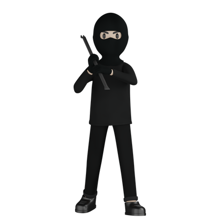 Burglar Holding Steel Rod  3D Illustration