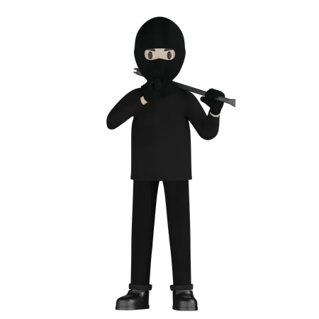 Burglar Holding Steel Rod  3D Illustration