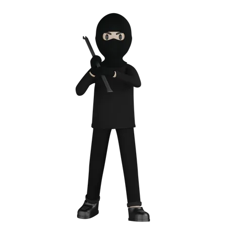 Burglar Holding Steel Rod  3D Illustration