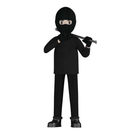 Burglar Holding Steel Rod 3D Illustration