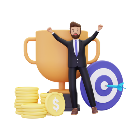 Business goal with trophy 3D Illustration