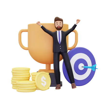 Business goal with trophy 3D Illustration