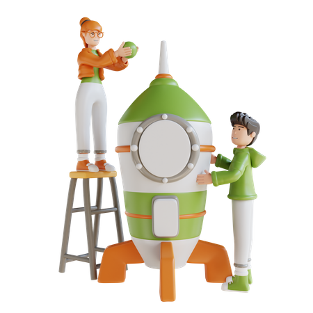 Business Man And Woman With Rocket  3D Illustration