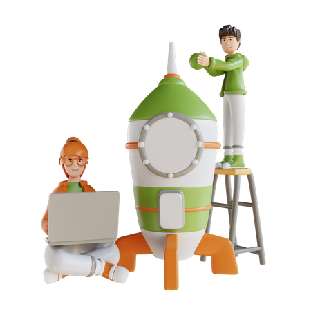 Business Man And Woman With Rocket Startup  3D Illustration