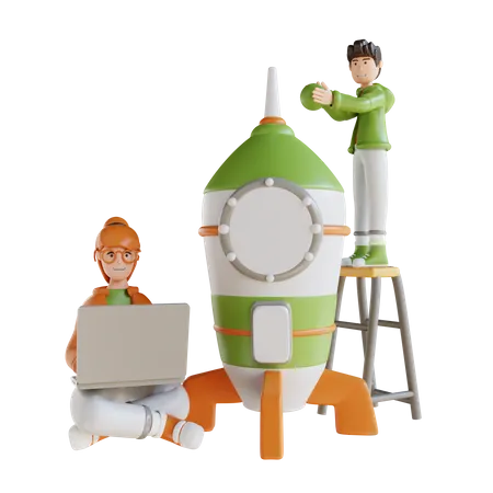 Business Man And Woman With Rocket Startup  3D Illustration