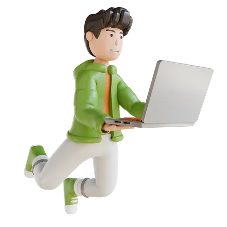 Business Man Flying Holding Laptop  3D Illustration