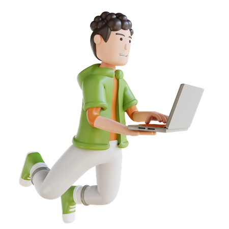 Business Man Flying Holding Laptop  3D Illustration