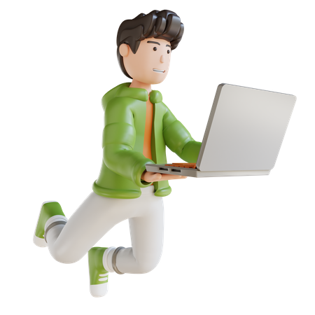 Business Man Flying Holding Laptop  3D Illustration