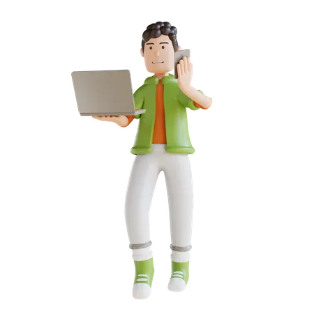 Business Man Holding Laptop For Marketing  3D Illustration