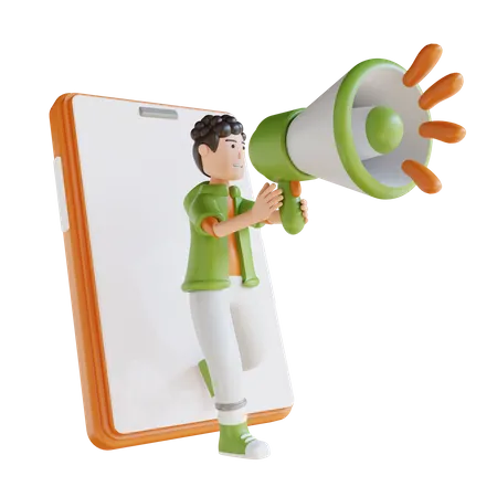 Business Man Holding Megaphone Mobile Marketing  3D Illustration