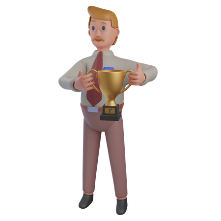 Business Man with Trophy 3D Illustration