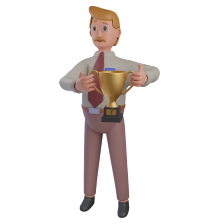Business Man with Trophy  3D Illustration