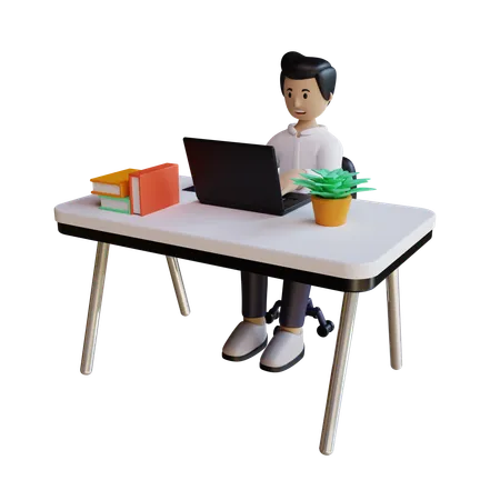 Business Man Work On Table With Laptop  3D Illustration