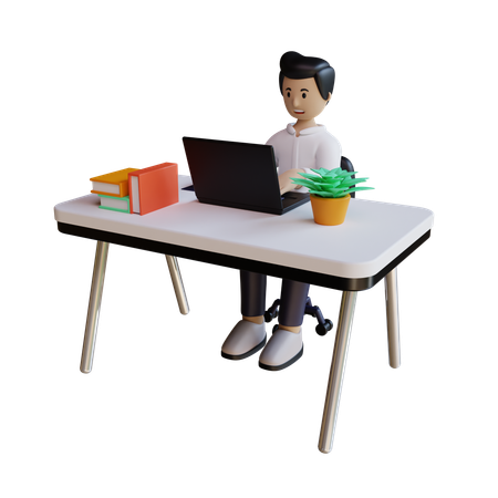Business Man Work On Table With Laptop  3D Icon
