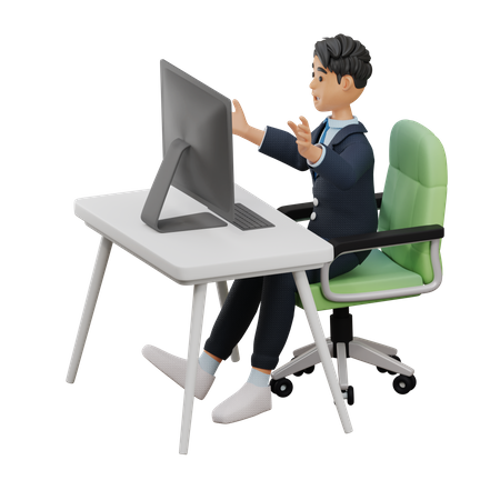 Business Man Working in Front of Computer  3D Illustration