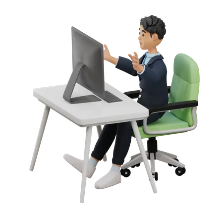 Business Man Working in Front of Computer  3D Illustration