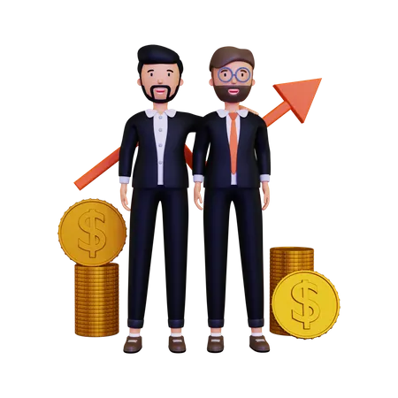 Business partner shaking hands with a pile of gold coins and an arrow  3D Illustration