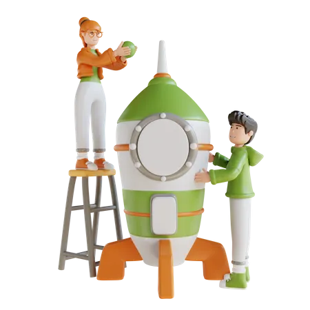 Business Man And Woman With Rocket  3D Illustration