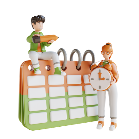 Man And Women With Calendar Clock And Making Schedule 3D Illustration