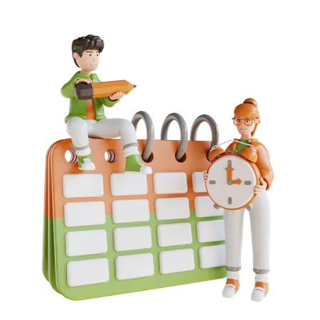 Man And Women With Calendar Clock And Making Schedule  3D Illustration