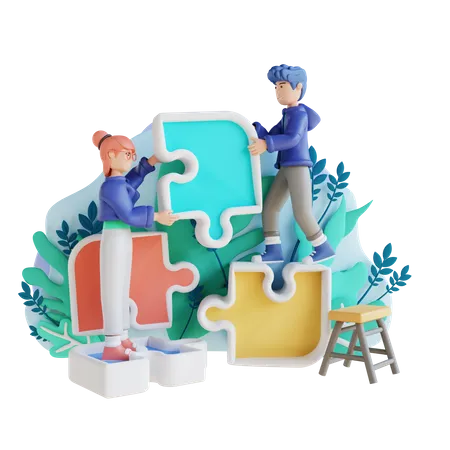 Business people solving jigsaw puzzle  3D Illustration
