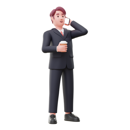 Business person talk on mobile while holding coffee cup  3D Icon