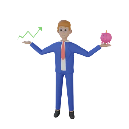 3 D Illustration Of Manager With Piggybank About Savings And Growth 3D Illustration