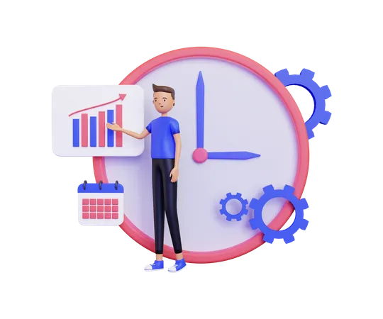 3 D Working Time With A Man Presenting Business In Front Of A Big Clock 3D Illustration