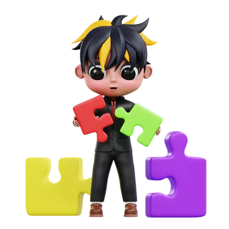 3 D Cute Businessman Holding Puzzle 3D Illustration