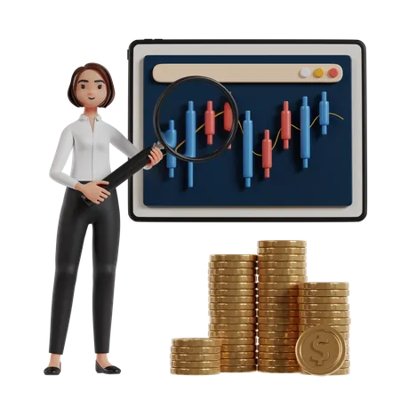 Business Woman With Magnifying Glass Standing Analyzing Stock Market Movement 3D Illustration