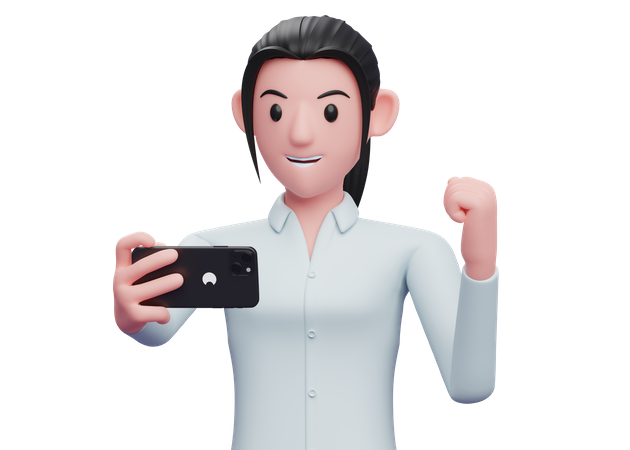 Business woman celebrating while looking at a cell phone  3D Icon