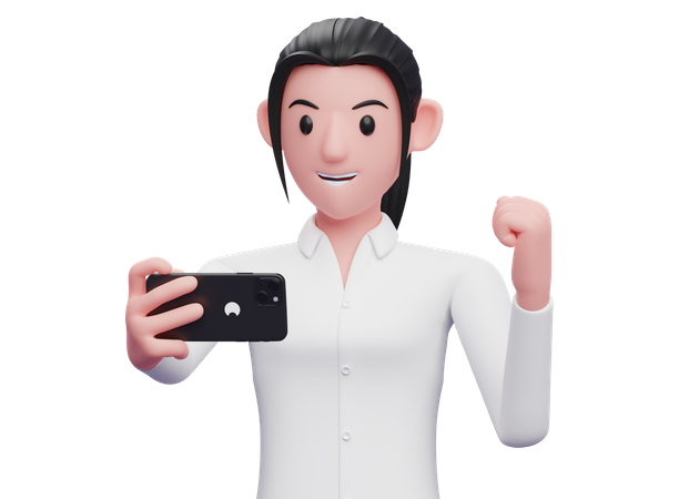 Business woman celebrating while looking at a cell phone  3D Icon
