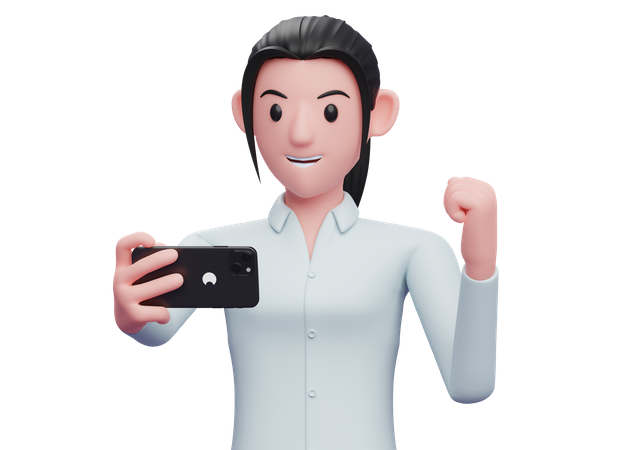 Business woman celebrating while looking at a cell phone  3D Illustration