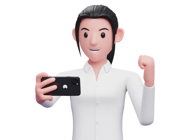 Business woman celebrating while looking at a cell phone  3D Illustration