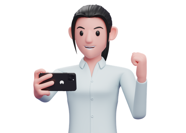 Business woman celebrating while looking at a cell phone 3D Illustration