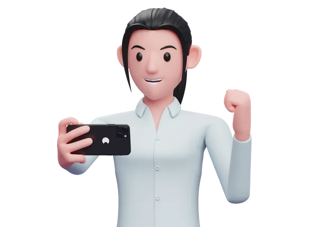 Business woman celebrating while looking at a cell phone 3D Illustration