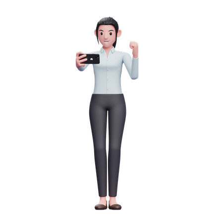 Business woman celebrating while looking at the phone screen  3D Icon