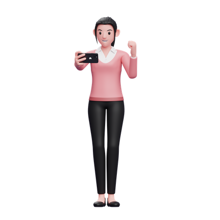 Business woman celebrating while looking at the phone screen  3D Icon