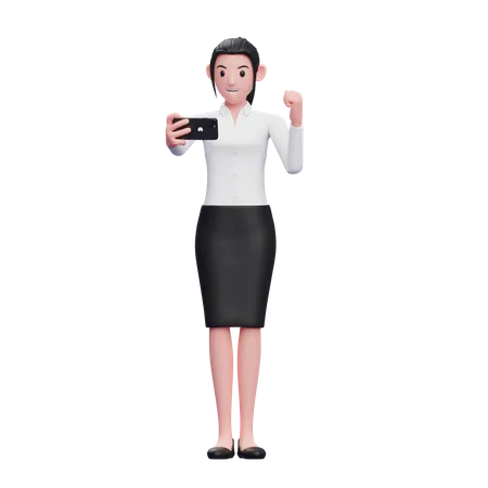 Business woman celebrating while looking at the phone screen  3D Illustration