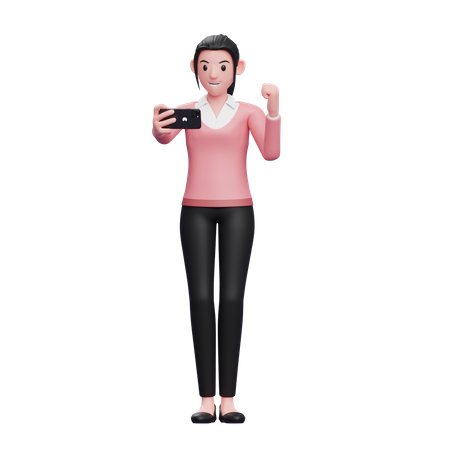 Business woman celebrating while looking at the phone screen  3D Illustration