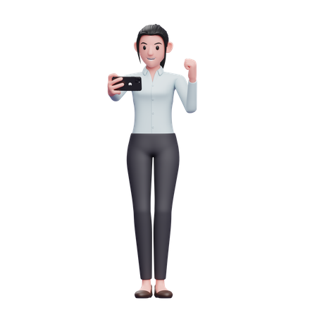 Business woman celebrating while looking at the phone screen  3D Illustration