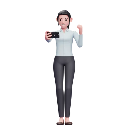 Business woman celebrating while looking at the phone screen 3D Illustration