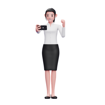 Business woman celebrating while looking at the phone screen 3D Illustration
