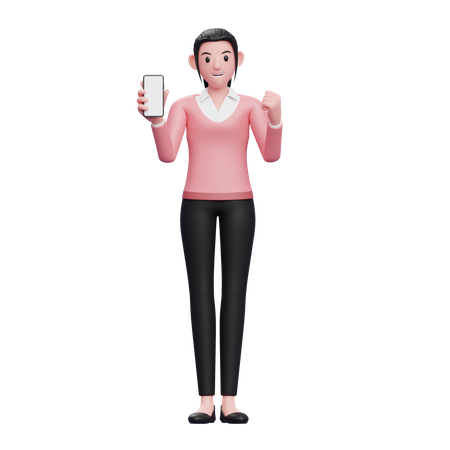 Business Woman Doing Winning Gesture while showing phone screen  3D Illustration