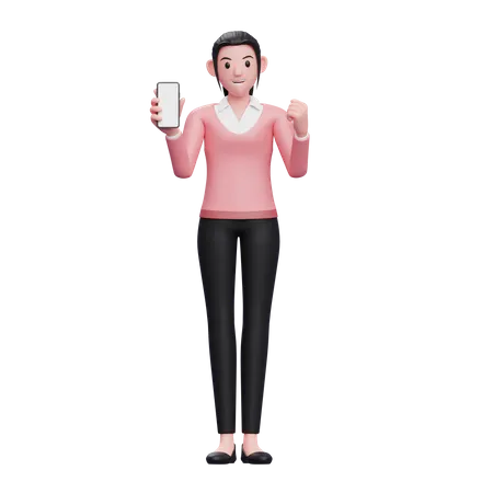 Business Woman Doing Winning Gesture while showing phone screen  3D Illustration